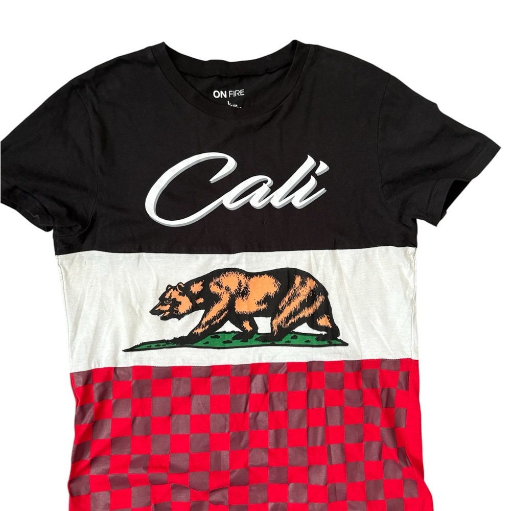 On Fire Cali Bear Checkered T-Shirt - Black, White, Red